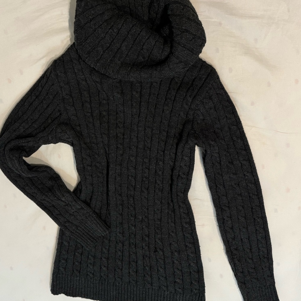 Grey cowl cabled sweater